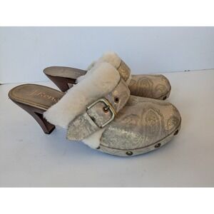 J.Renee' Clogs Fur Mule  Wooden Heel Women's Sz 9.5 M Textile Upper